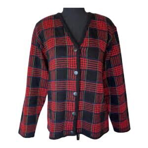 Vintage Maggie McNaughton plaid knit cardigan preppy 90s Y2K festive sweater XL